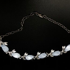 Vintage Blue Lucite Choker Necklace Silver Tone Leaf Botanical Mid Century